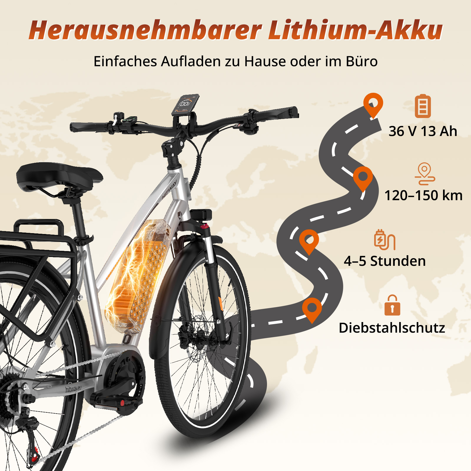 Silbernes E-Bike mit herausnehmbarem Akku, Reichweite 120-150km.