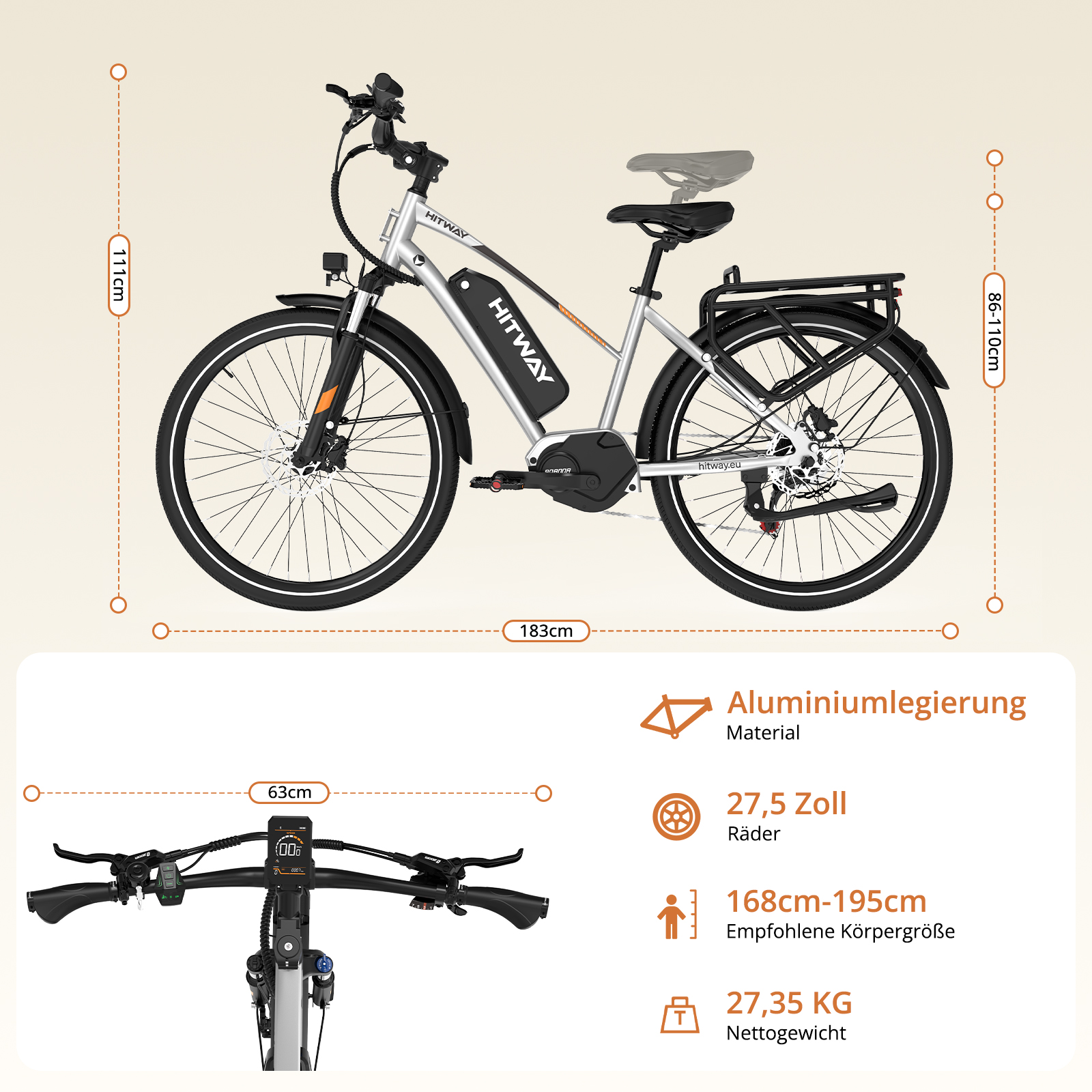 Silbernes E-Bike mit schwarzen Details, 27,5 Zoll Rädern und Display.