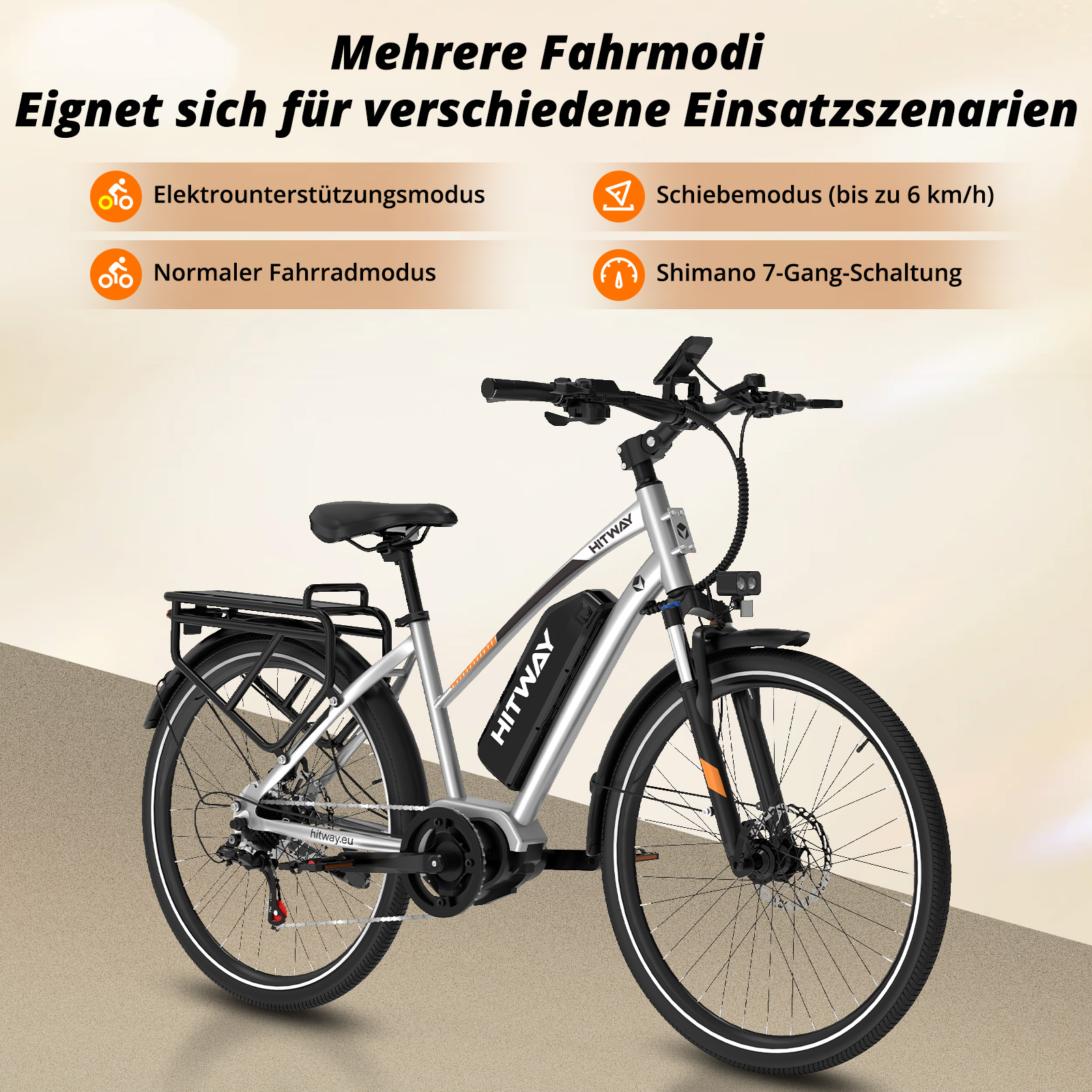 Silbernes E-Bike mit schwarzer Batterie und Gepäckträger. Verschiedene Fahrmodi.