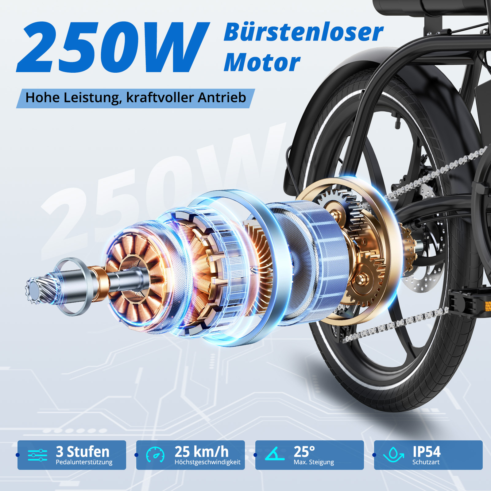 Nahaufnahme eines E-Bike-Motors mit Zahnrädern und Kette. Technische Daten auf blauem Hintergrund.