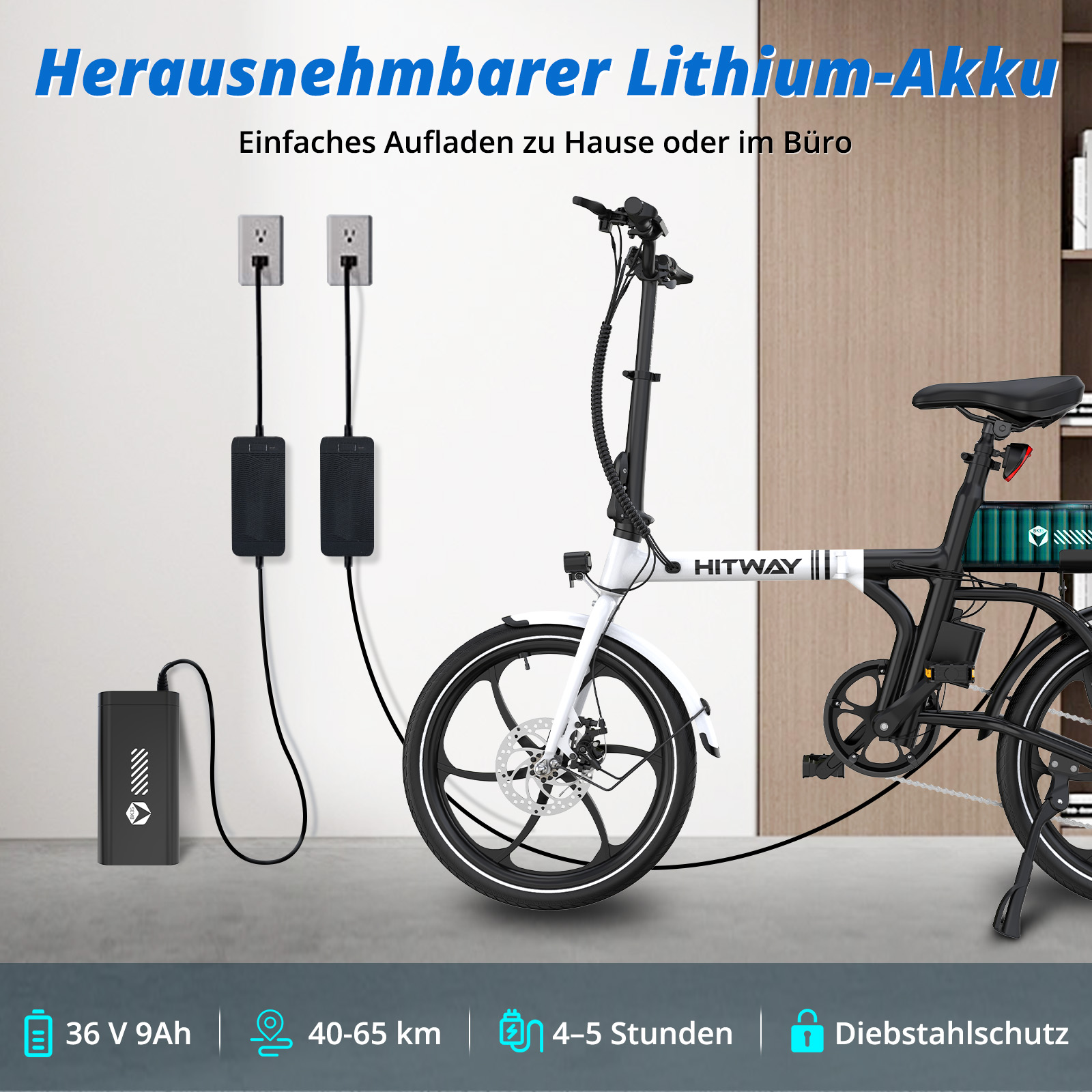 Ein weißes E-Bike wird geladen. Links sind zwei Ladegeräte an der Wand.