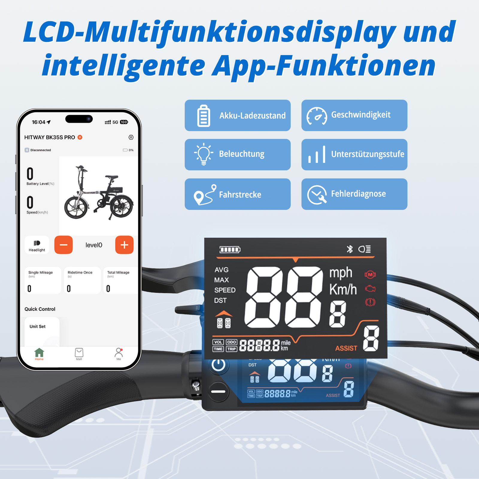 LCD-Display mit App-Funktionen, Fahrrad-App und E-Bike-Display mit Details.
