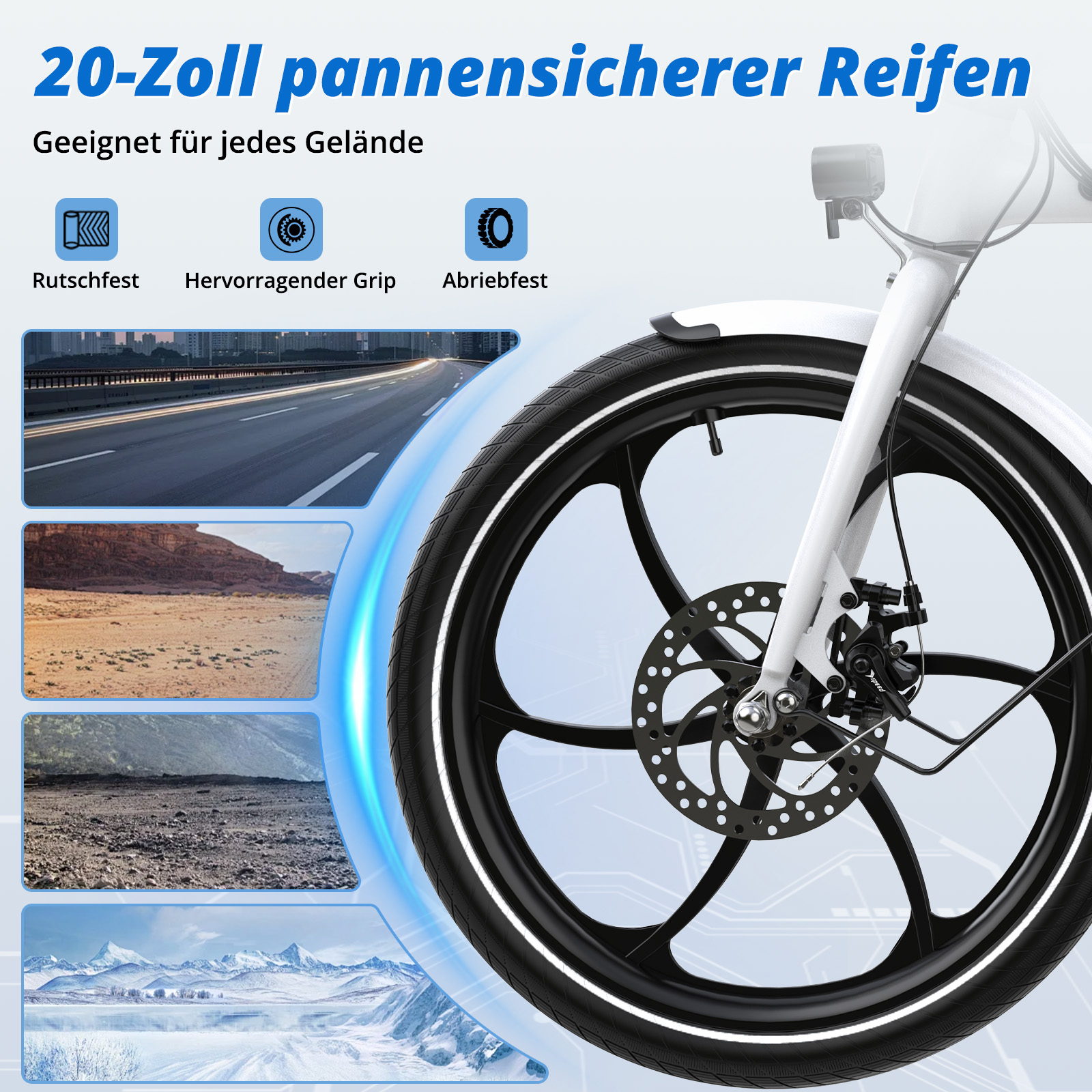 20-Zoll pannensicherer Reifen für jedes Gelände. Rutschfest, Grip, abriebfest.