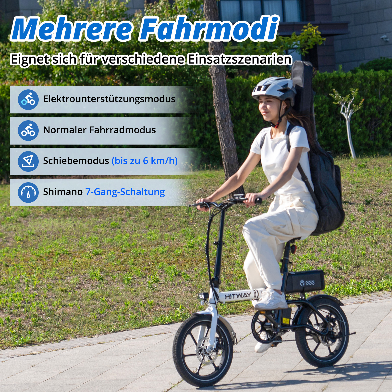 Frau fährt E-Bike mit Helm und Gitarrentasche. Mehrere Fahrmodi.