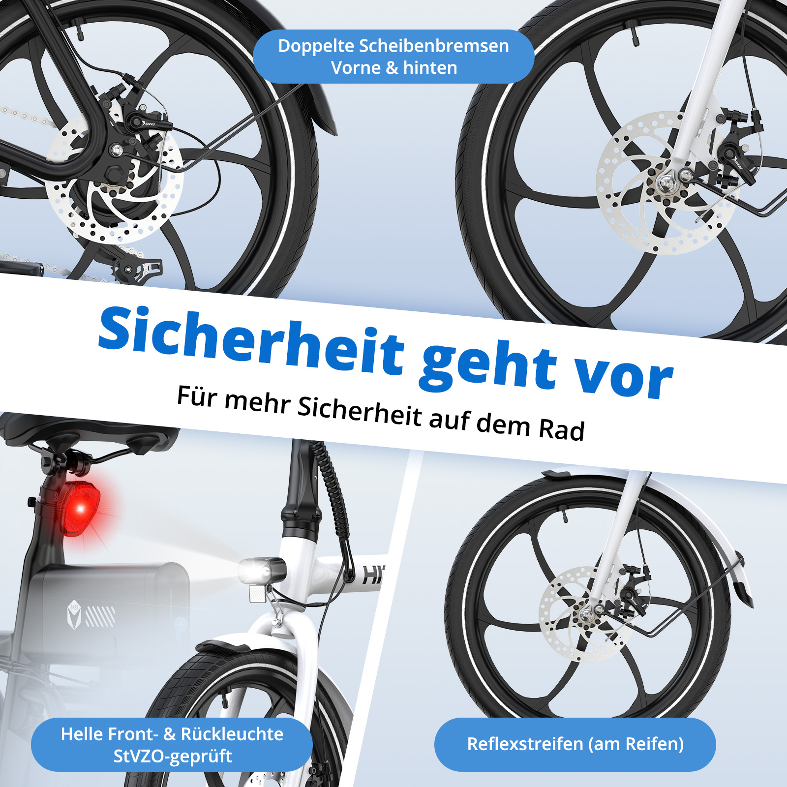 Fahrrad mit Scheibenbremsen vorne/hinten, Front-& Rückleuchten und Reflexstreifen.