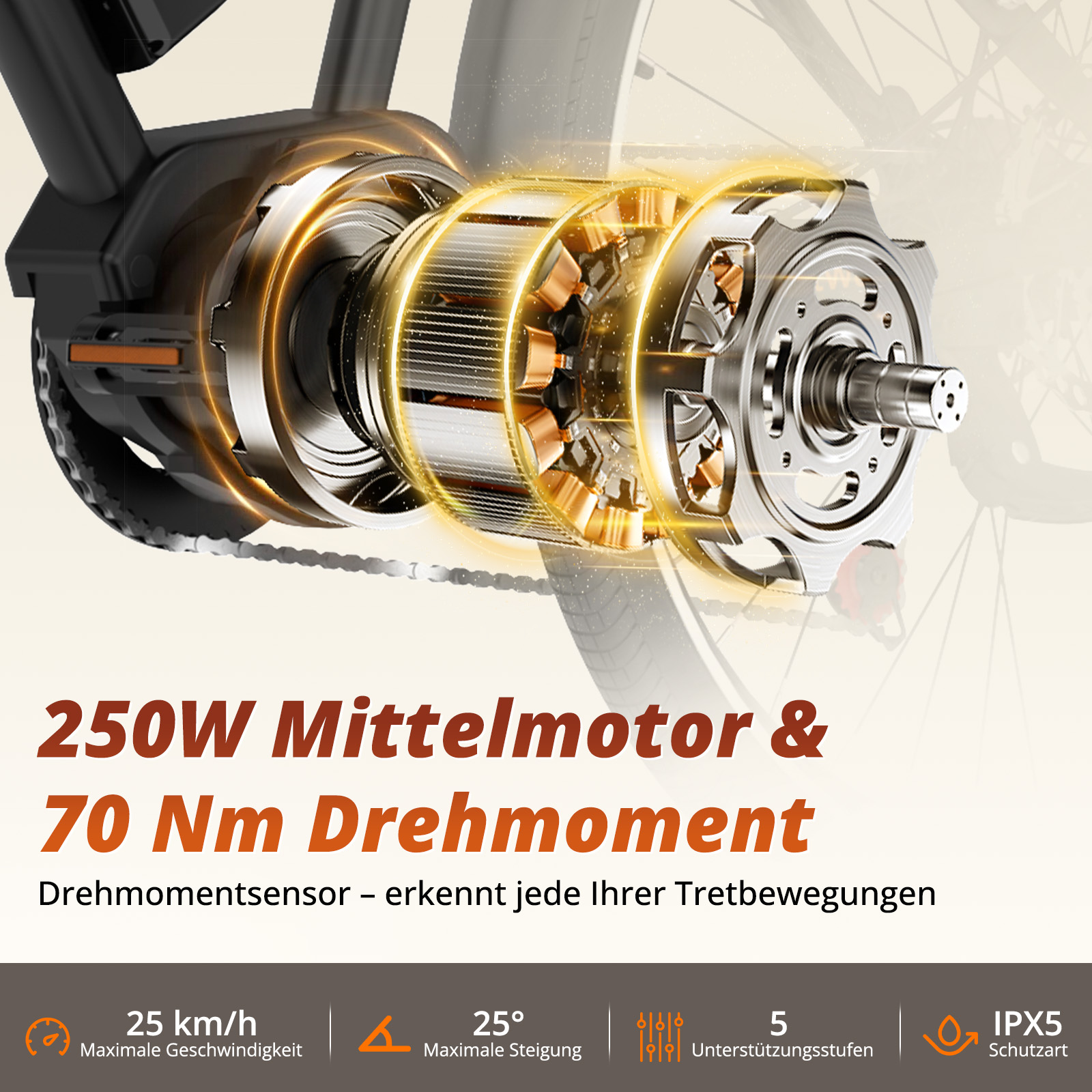 Nahaufnahme eines Fahrradmotors mit Kupferwicklungen und Kette. Spezifikationen: 250W Motor, 70 Nm Drehmoment.