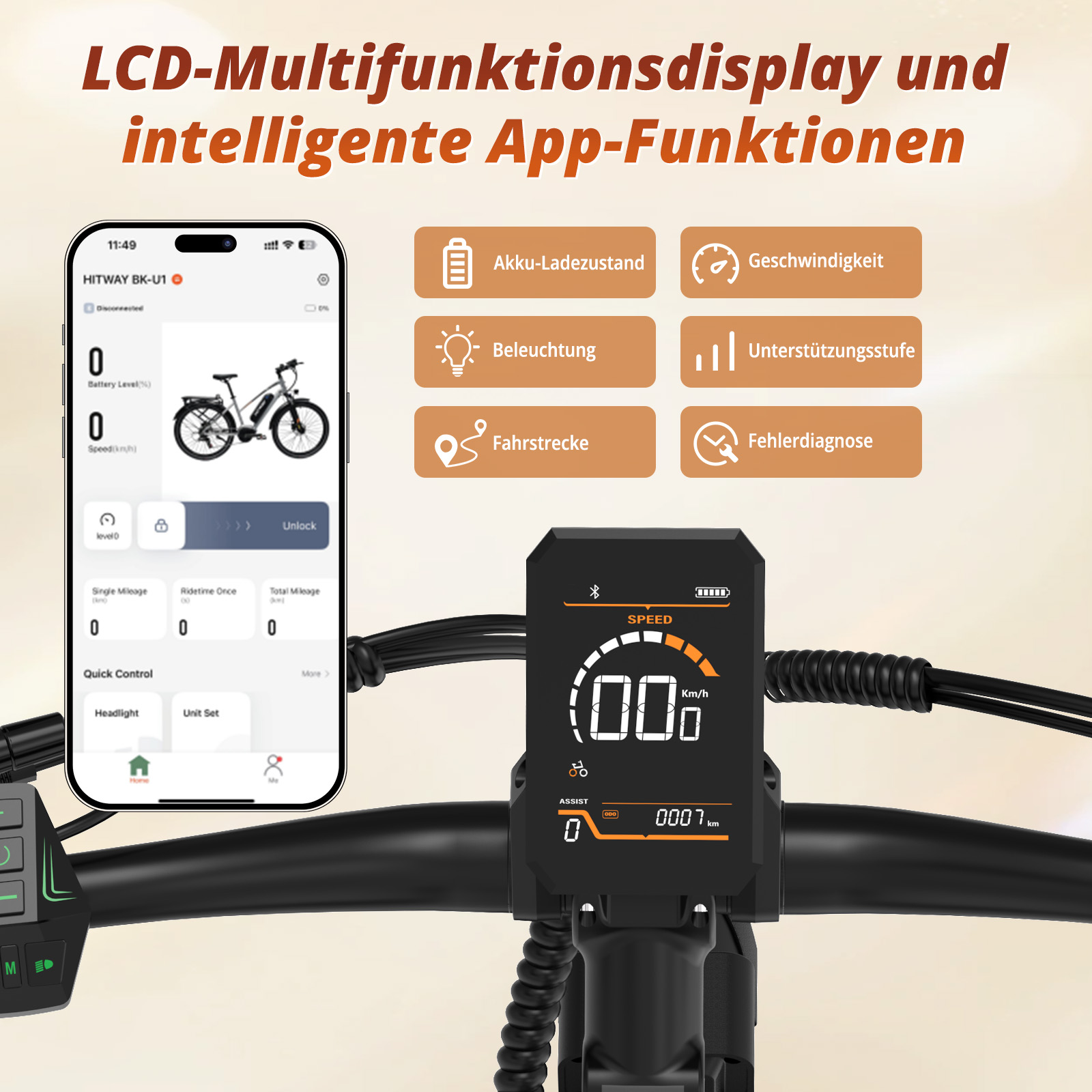 Ein Smartphone zeigt eine E-Bike-App; daneben ein E-Bike-Display mit Geschwindigkeit.