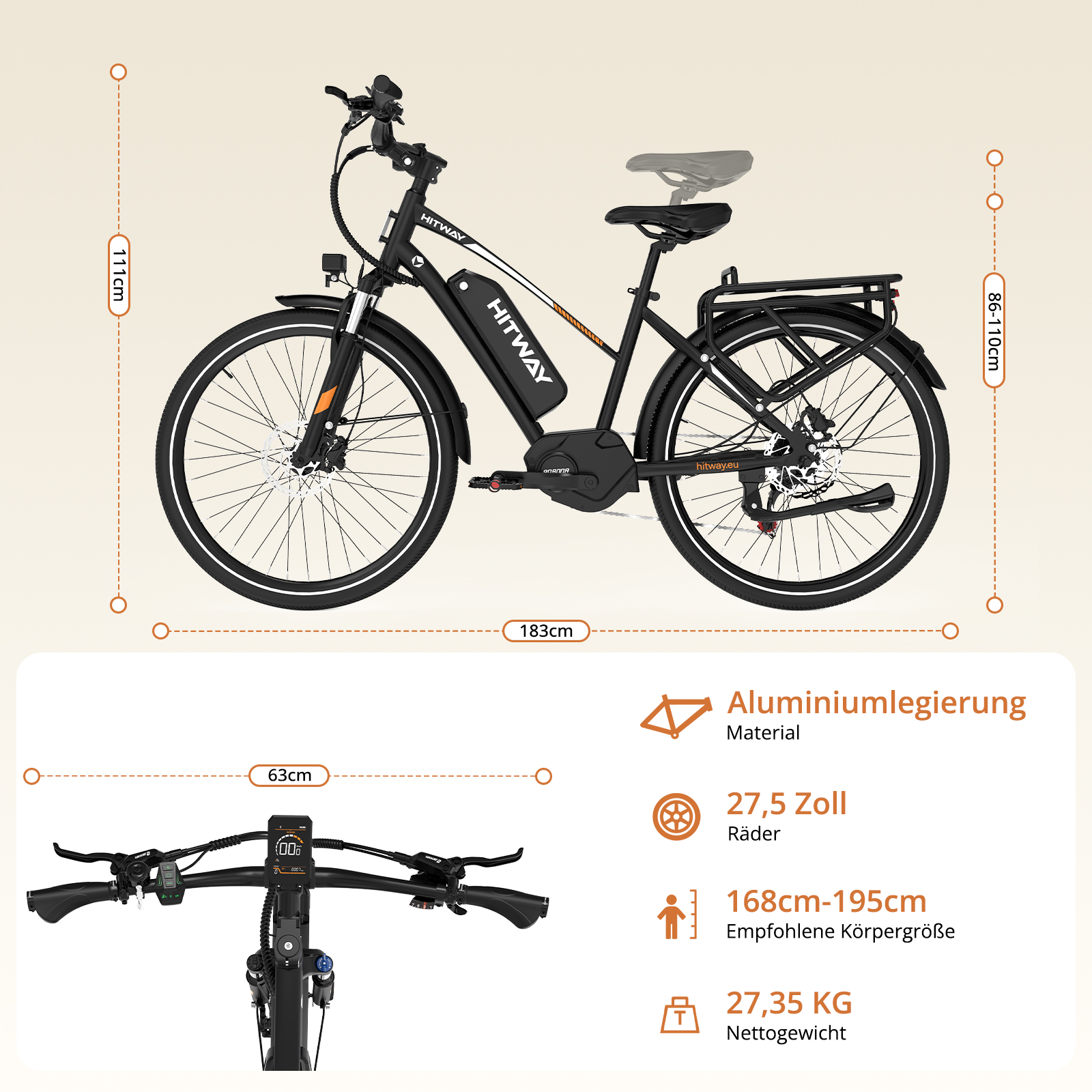Schwarzes E-Bike mit Maßangaben: Höhe 111cm, Länge 183cm, Lenkerbreite 63cm.