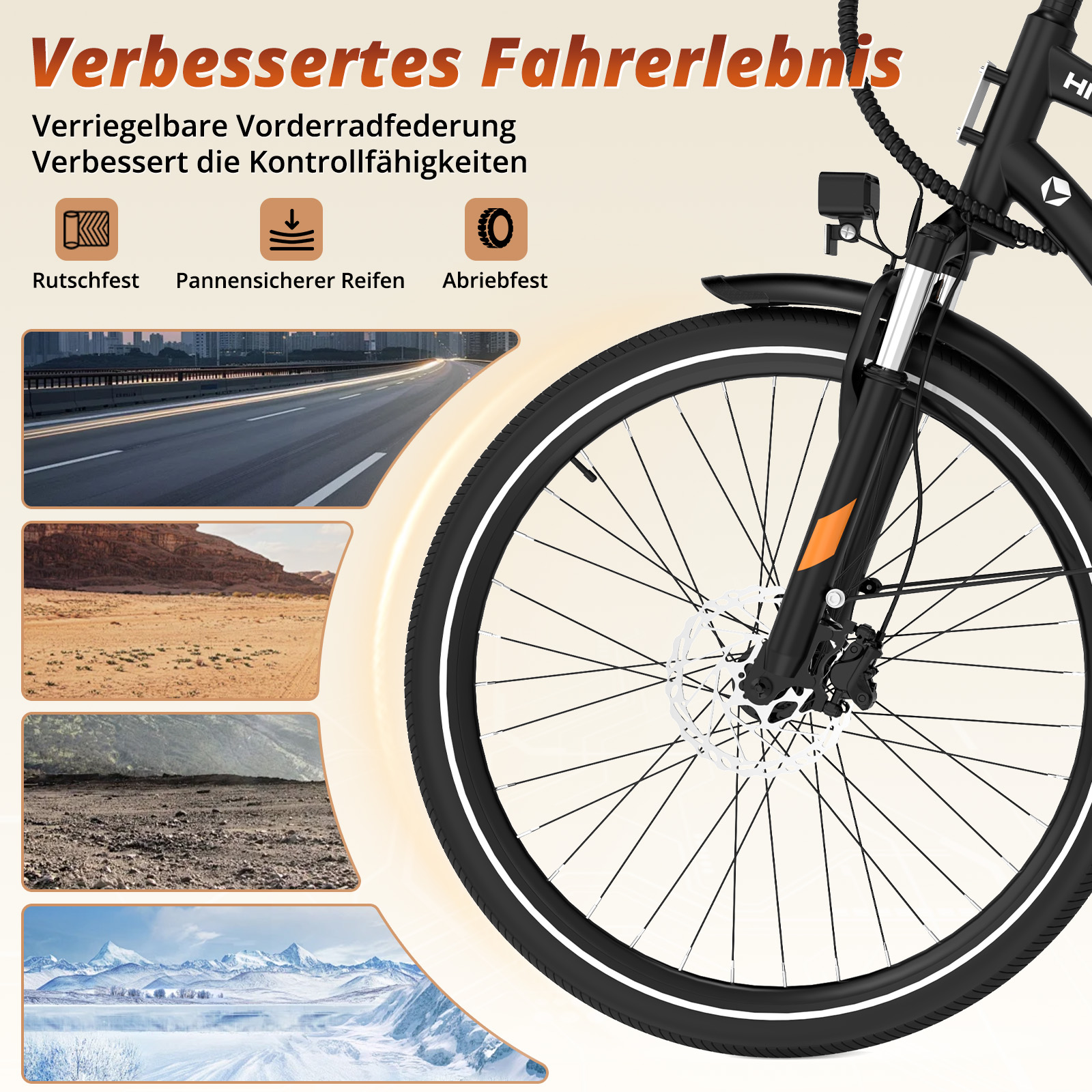 E-Bike Vorderrad, Federung und Geländebilder: Straße, Wüste, Schotter, Schnee.