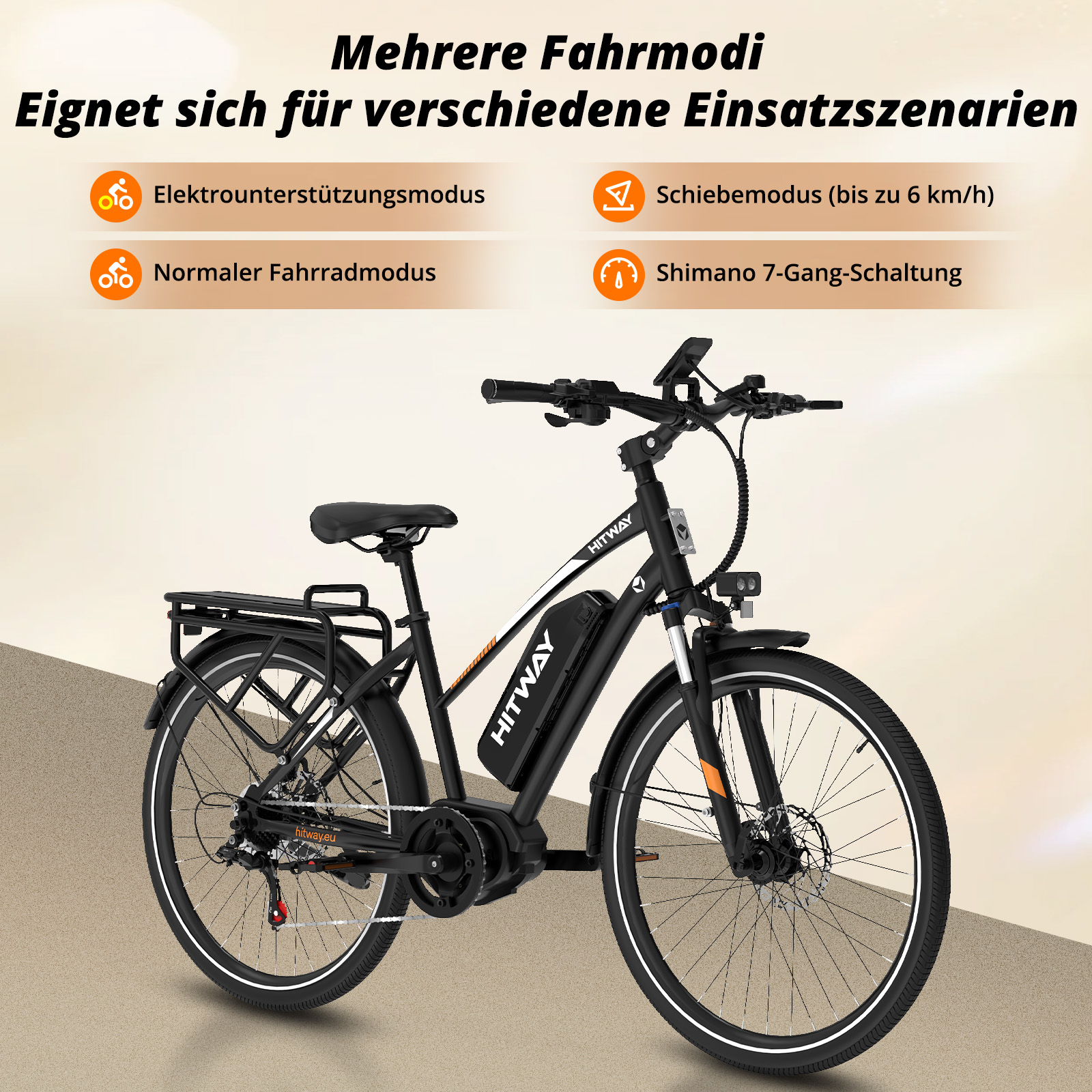 Schwarzes E-Bike mit Gepäckträger und Display. Verschiedene Fahrmodi werden gezeigt.