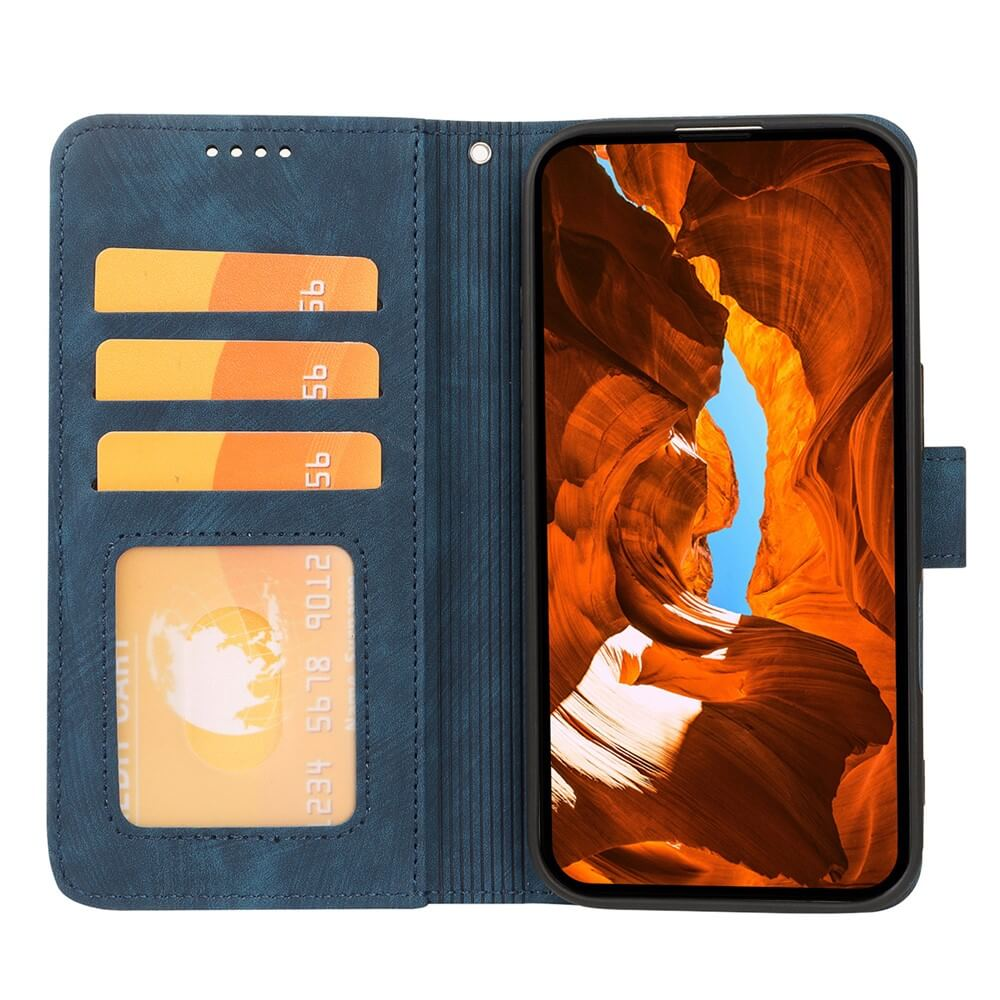 Custodia blu per telefono con slot per carte e carta di credito. Il telefono mostra un'immagine di canyon.