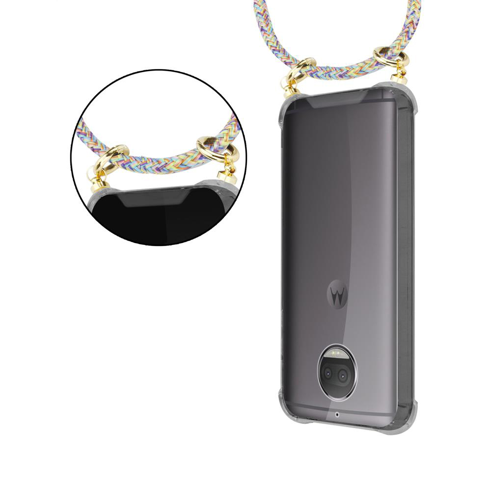 Telefono grigio con cordino intrecciato colorato e dettagli dorati.
