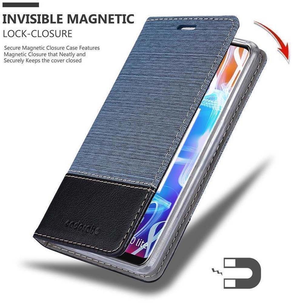 Blaues Handyhülle mit schwarzem Lederakzent und offenem Magnetverschluss.