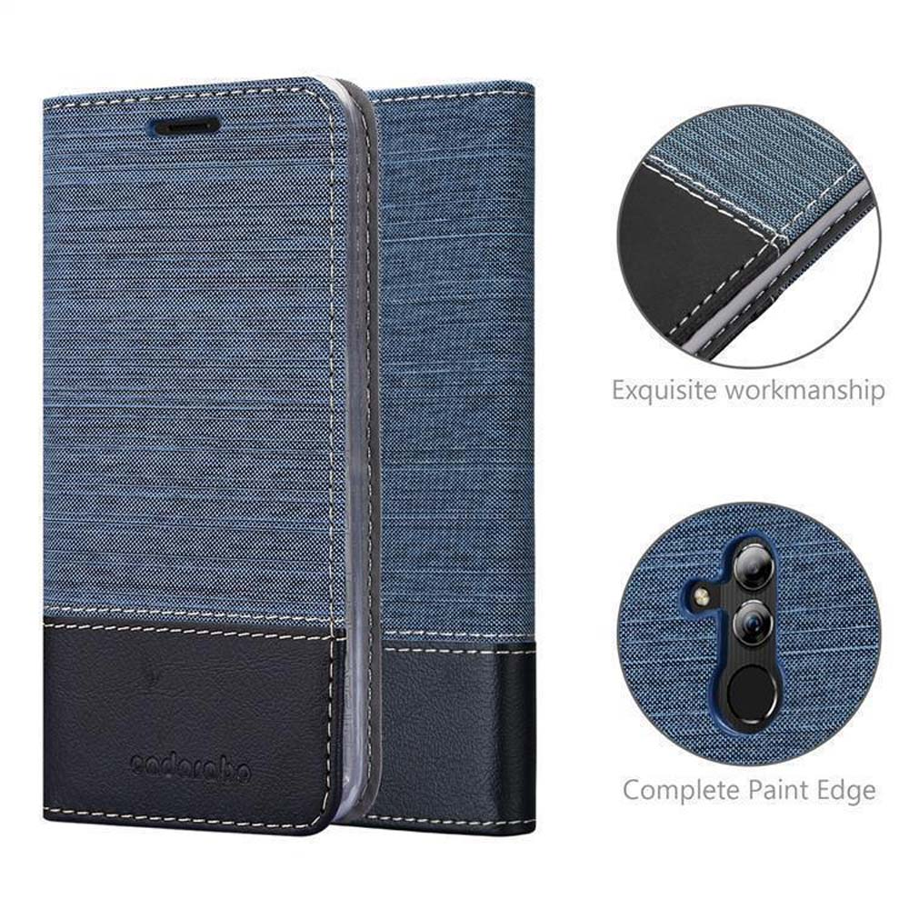 Blaue Jeans-Handyhülle mit schwarzen Lederakzenten und Nähten.