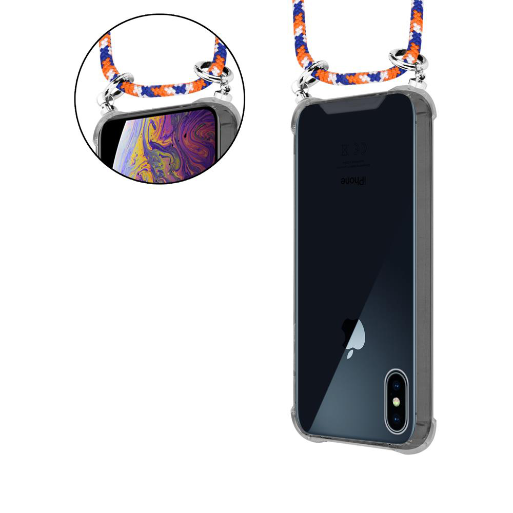 Transparente Hülle mit blau-orangefarbenem Trageband für ein iPhone.
