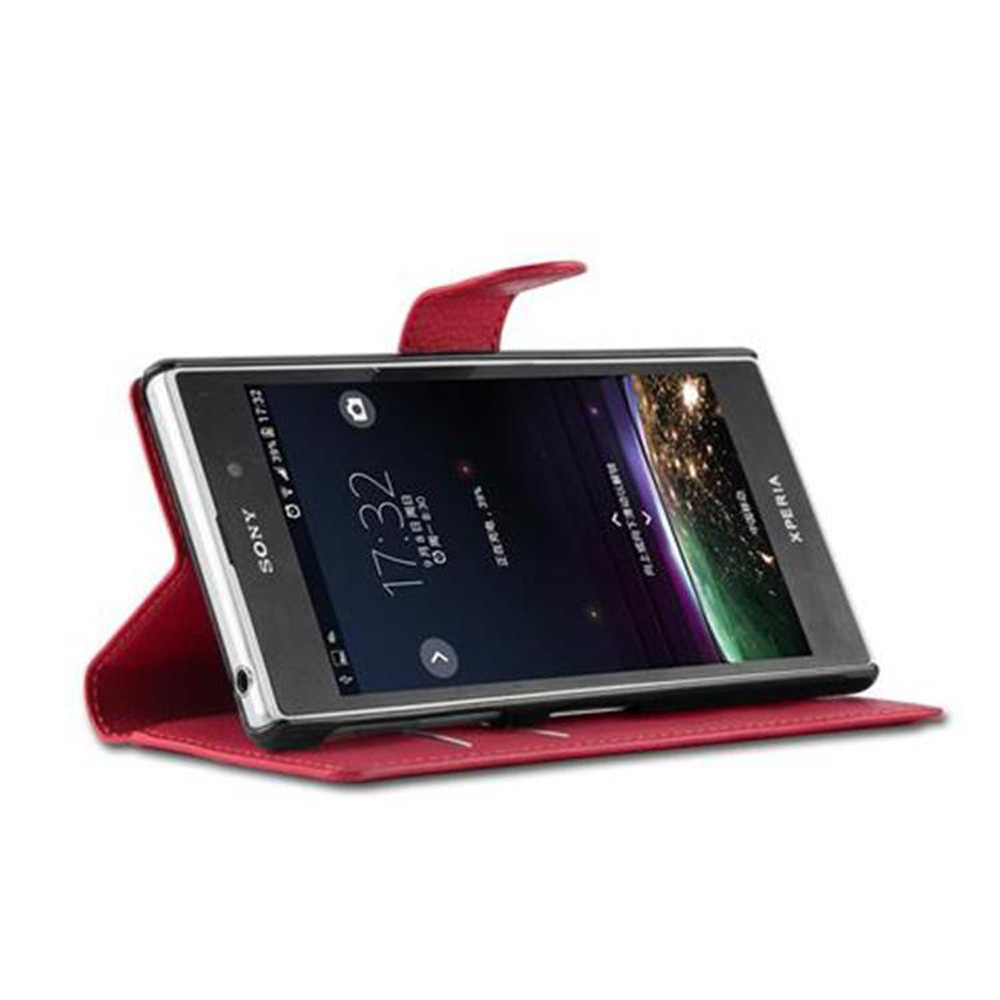 Custodia rossa per smartphone con telefono Sony Xperia che mostra la schermata di blocco.