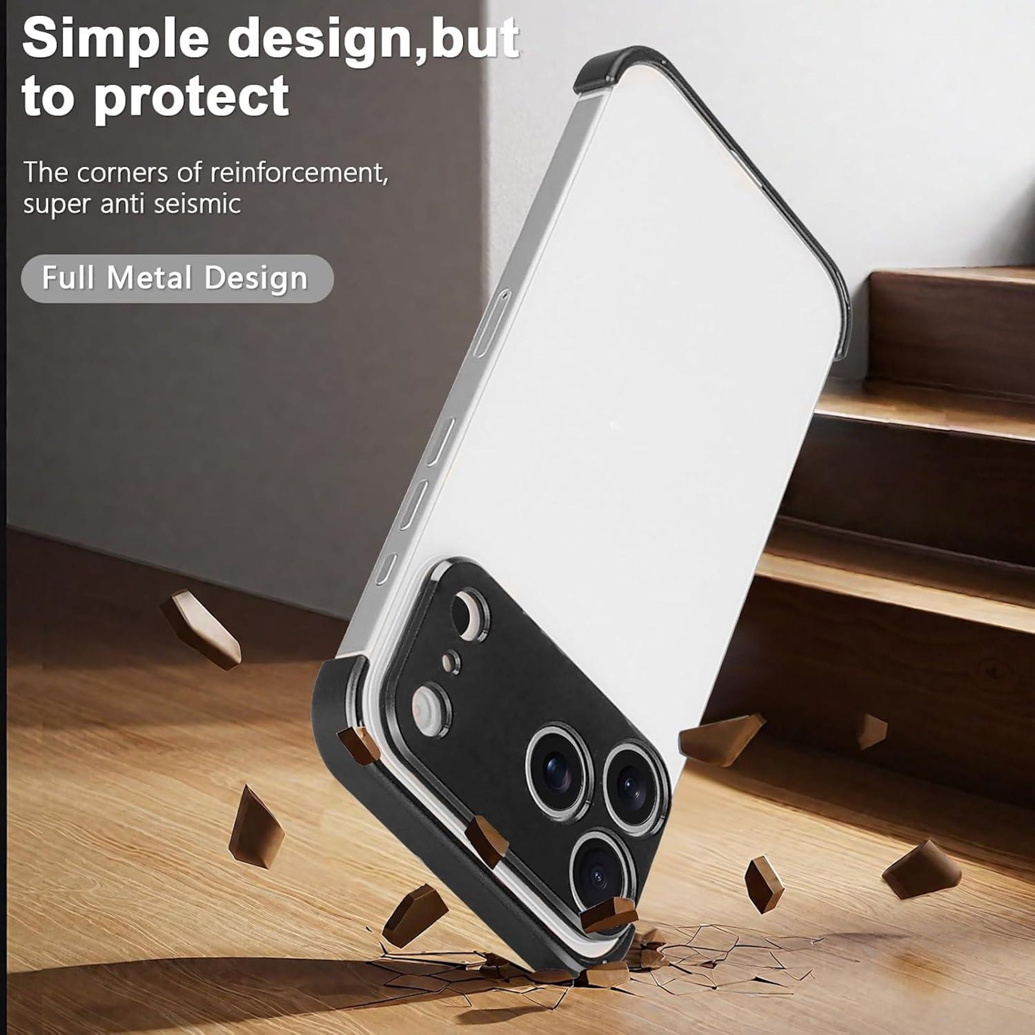 Ein Smartphone im Metallgehäuse fällt und zerbricht den Boden.