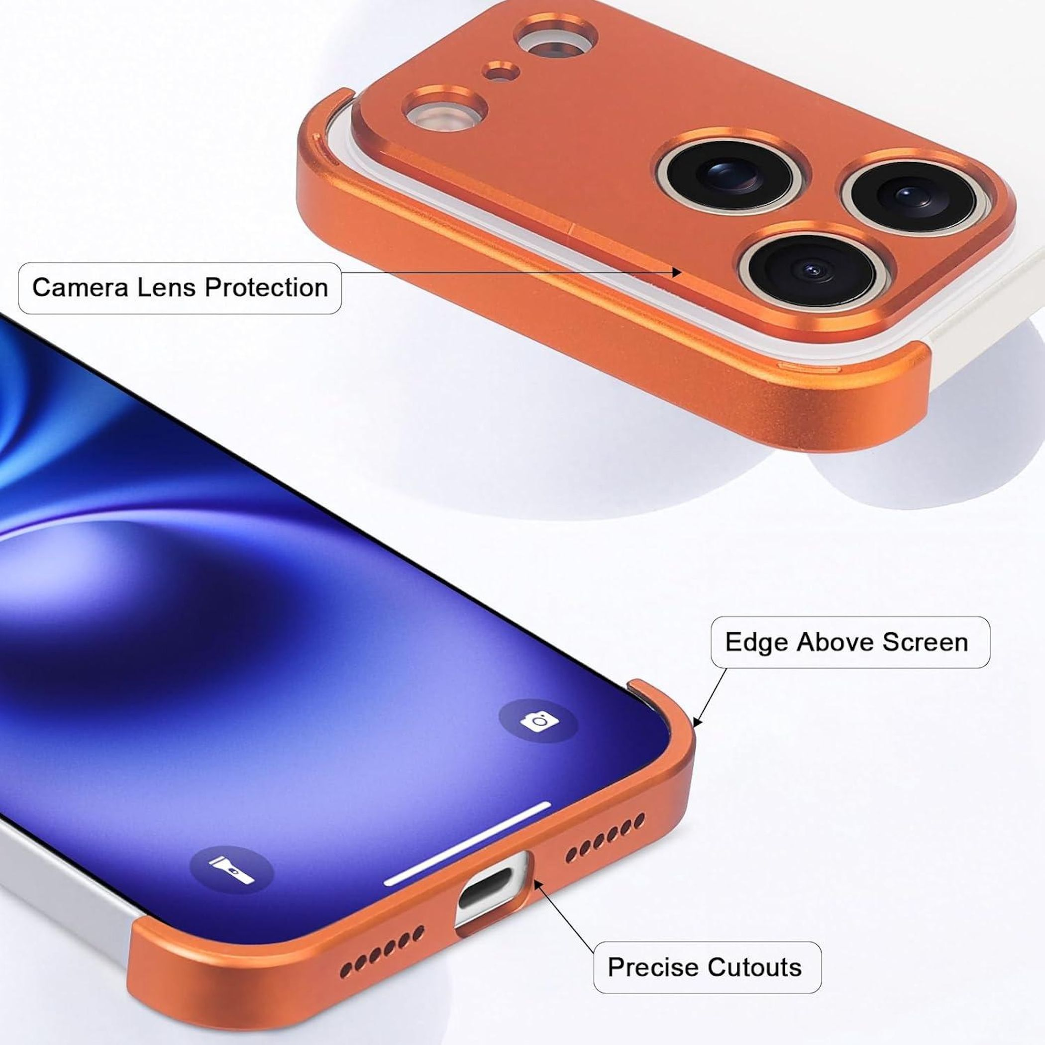 Orange Hülle mit präzisen Ausschnitten für ein Smartphone mit Kamera und Bildschirm.