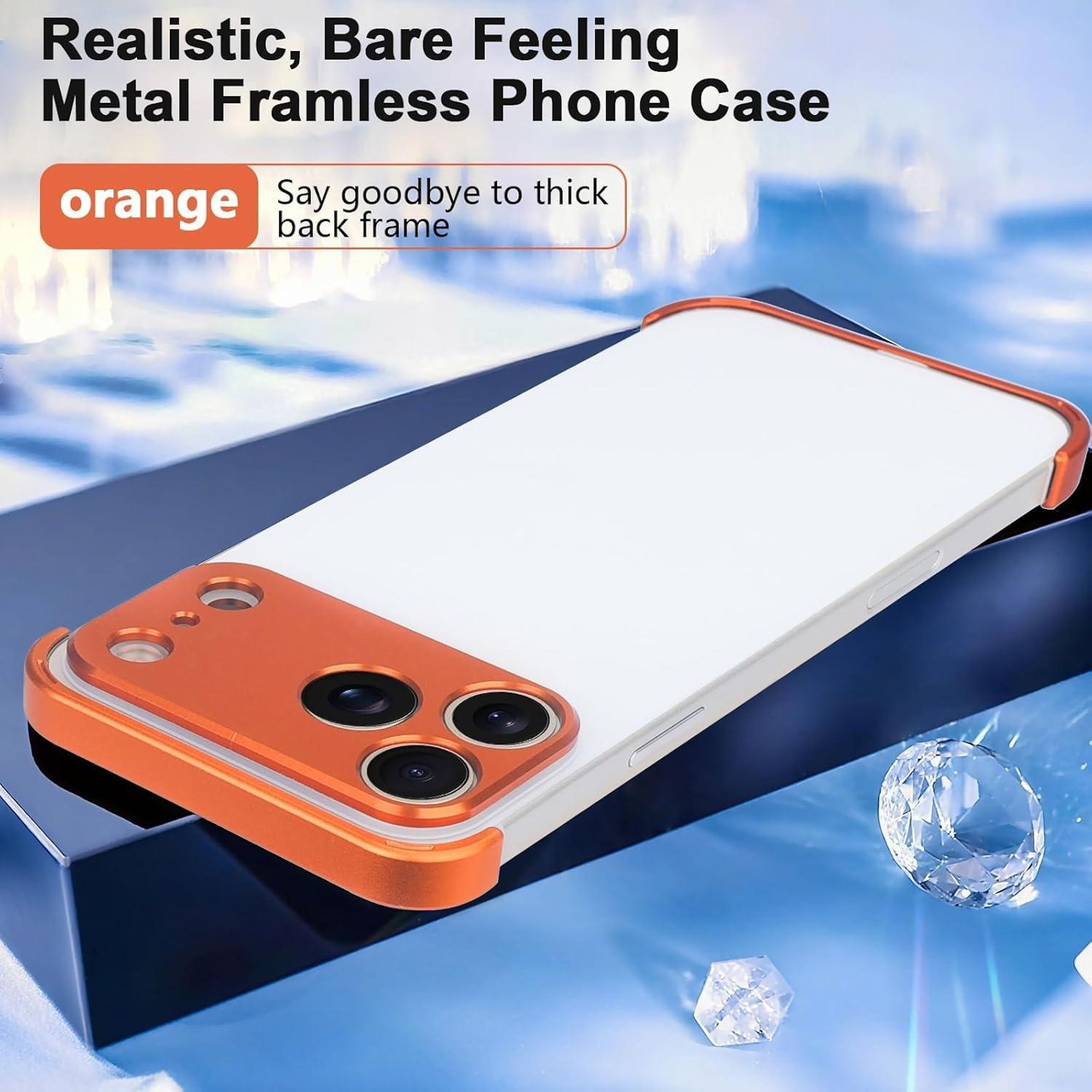 Orange Handyhülle mit Metallrahmen und drei Kameralinsen auf weißem Hintergrund.