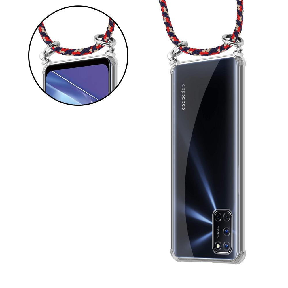 Transparente Hülle mit einer farbigen Kordel, die um ein Smartphone gewickelt ist.