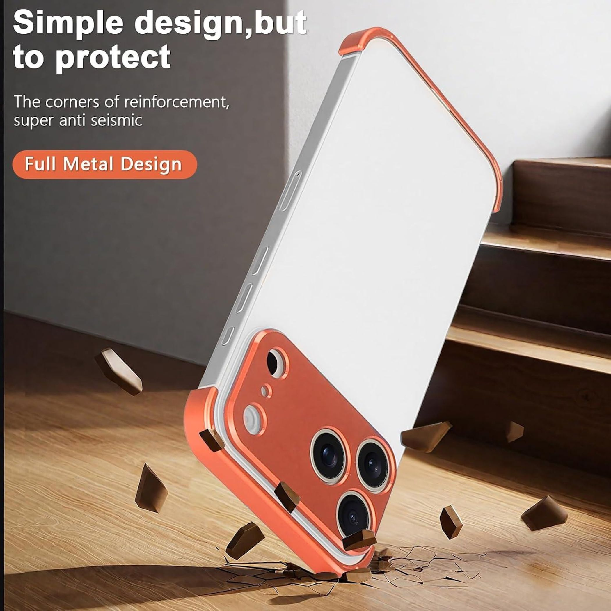 Ein orangefarbenes Handygehäuse mit Metallrahmen fällt auf einen Holzboden.