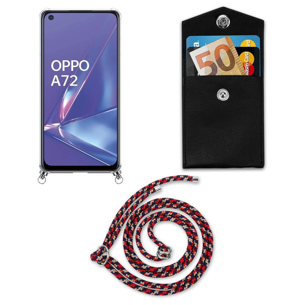 OPPO A72 Smartphone mit schwarzer Tasche, 50-Euro-Schein und Lanyard.