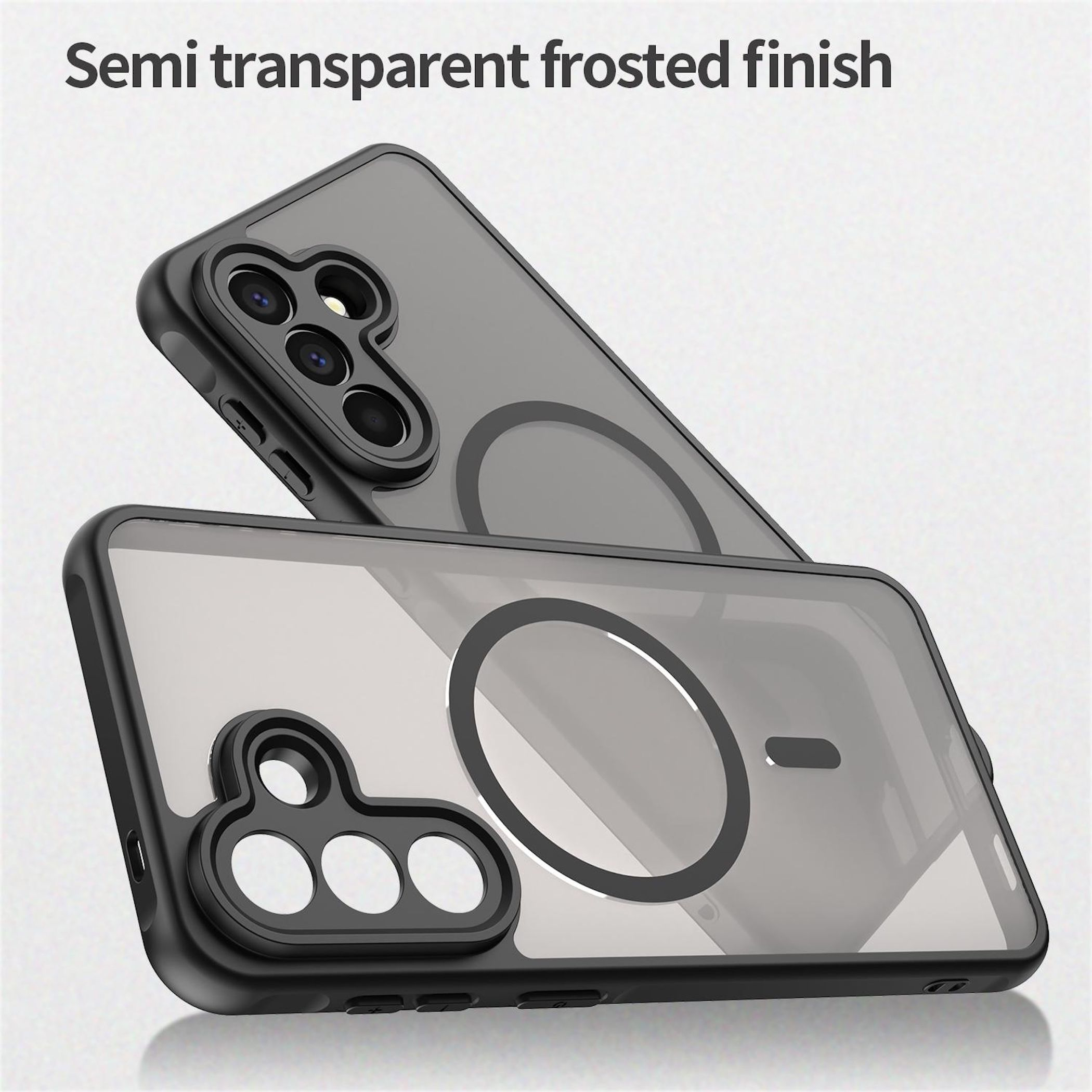 Zwei schwarze Handyhüllen mit halbtransparentem Finish und Magnetring.