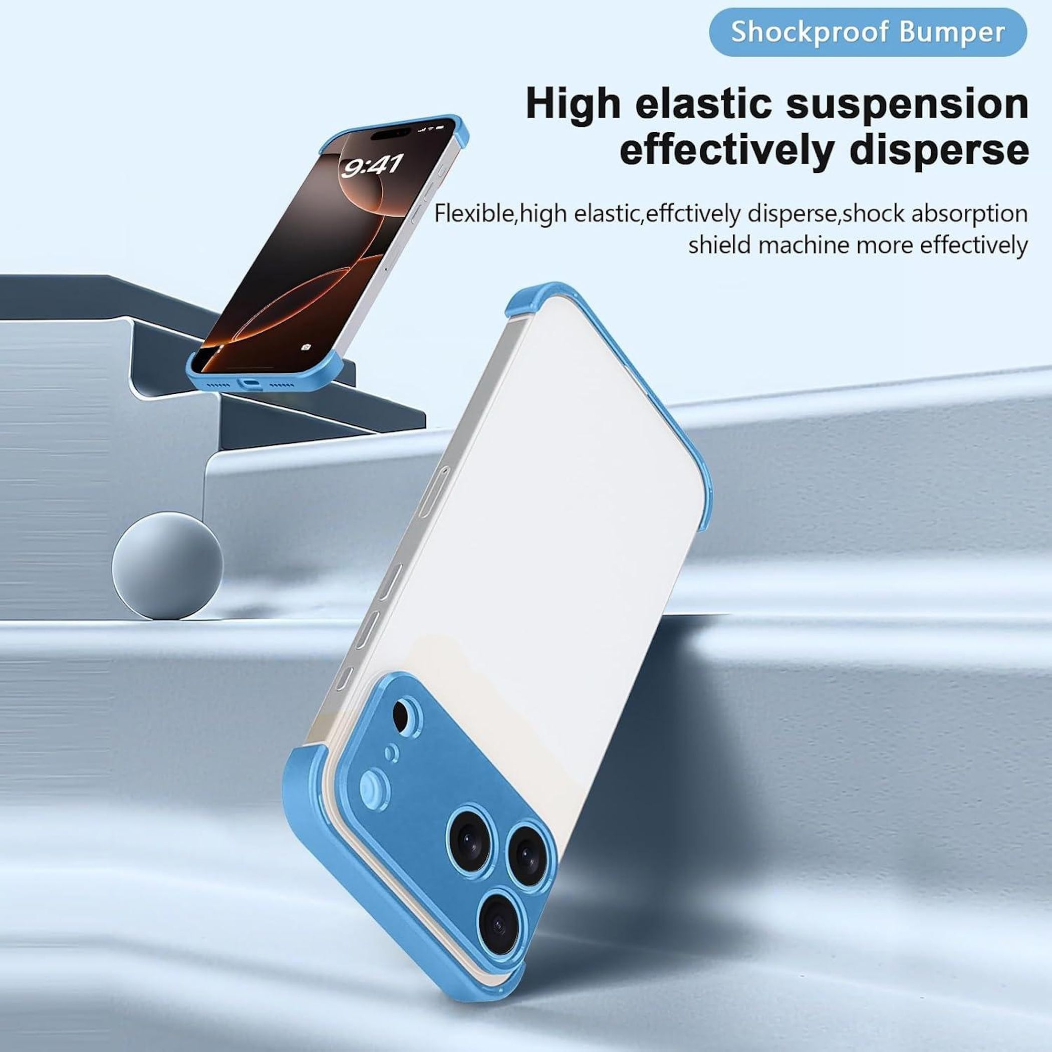 Ein blaues Handycase mit einem Smartphone darauf, auf einem hellblauen Hintergrund.