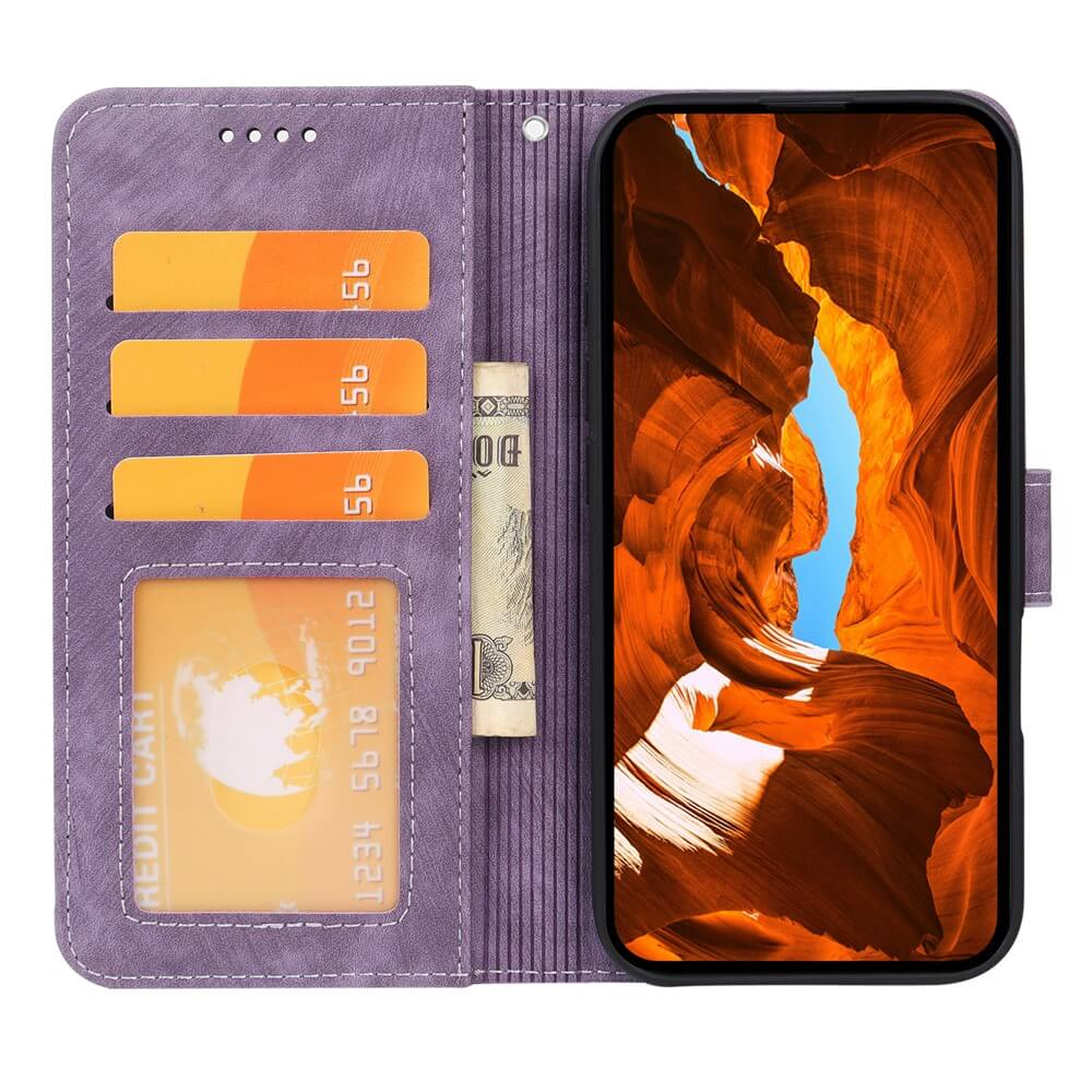 Custodia viola per telefono con slot per carte e denaro, mostra immagine Antelope Canyon.