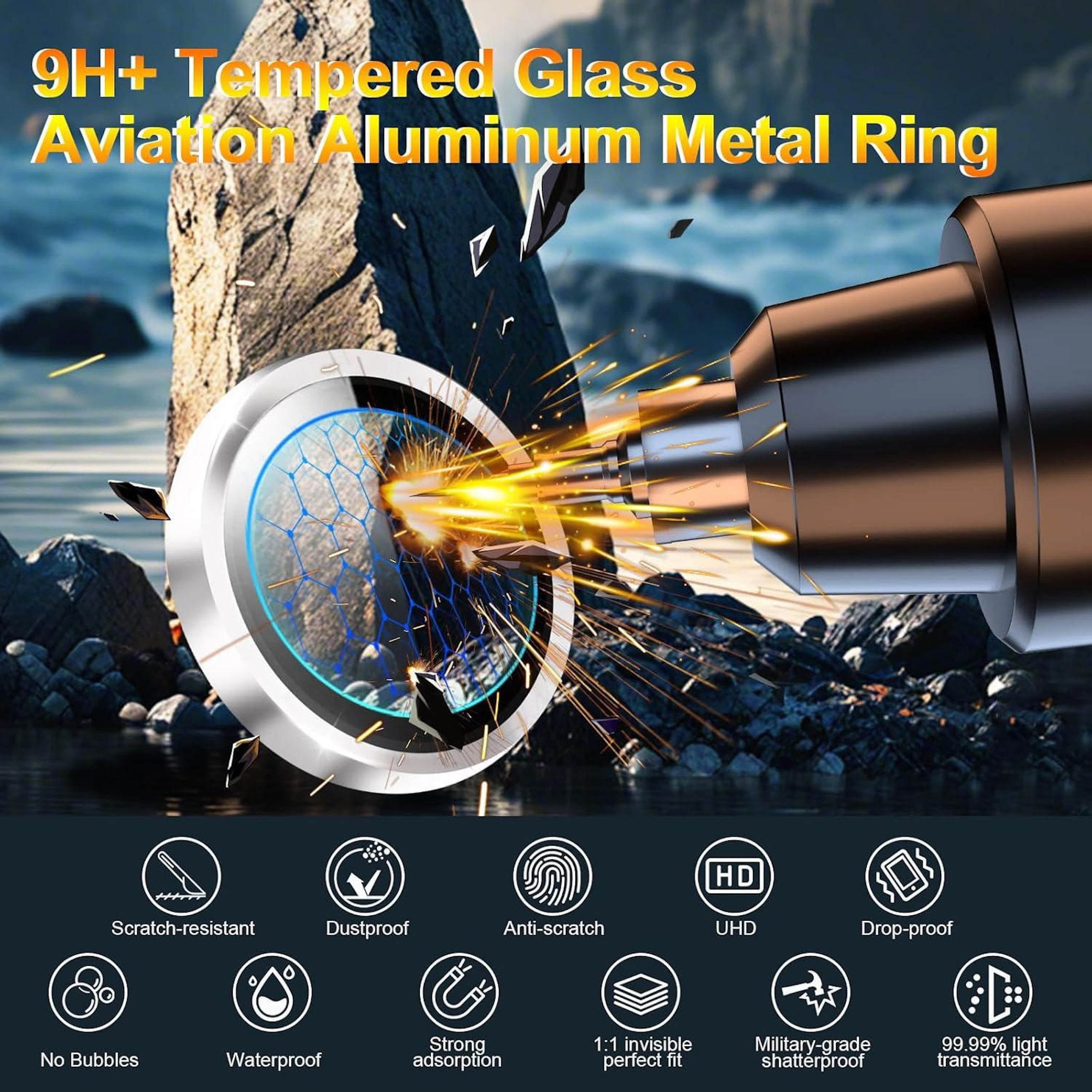 9H+ Glas trifft Aluminiumring, schlagfest mit Funkenflug.