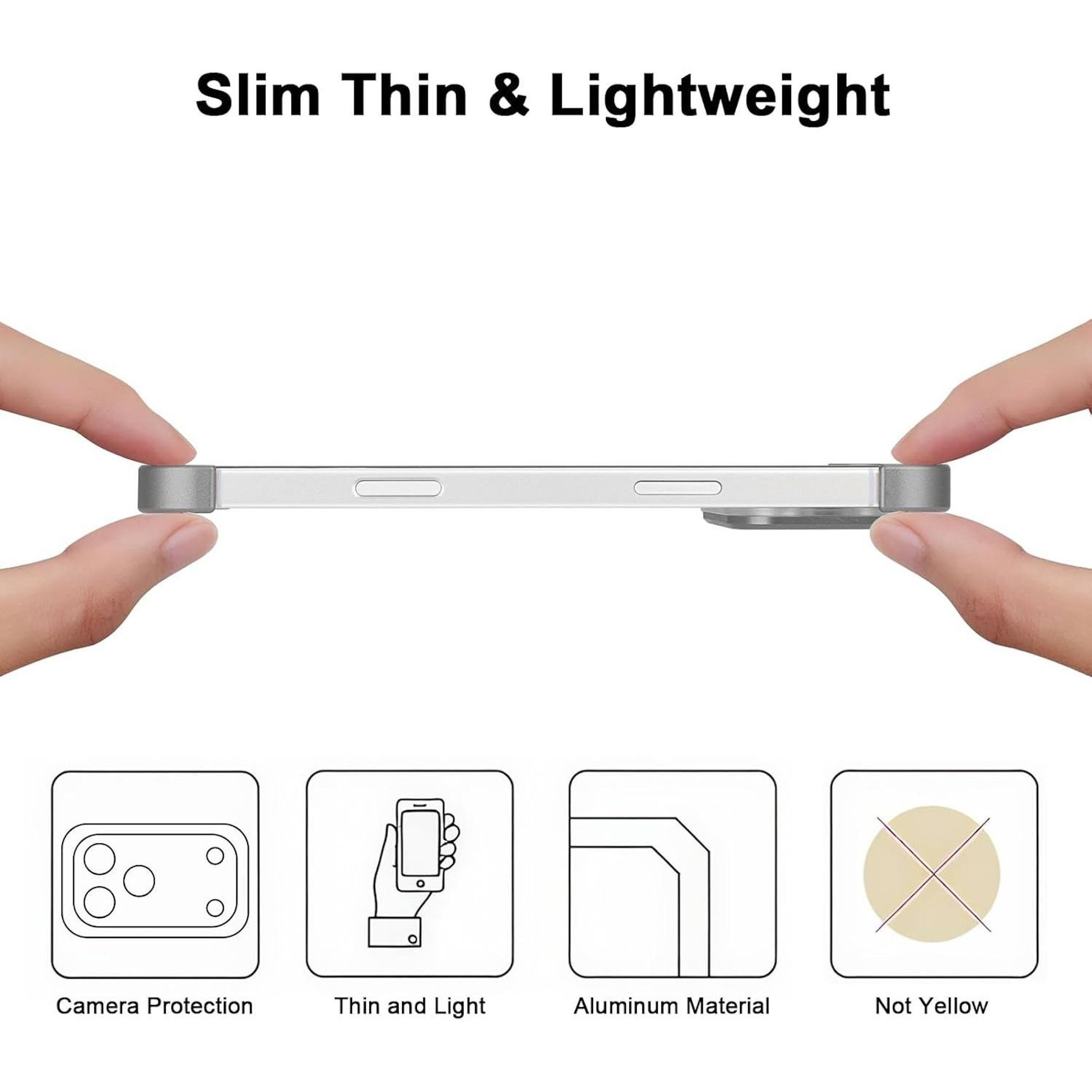 Hände halten ein schmales, silbernes Smartphonegehäuse. Icons zeigen Kameraschutz, Dünnheit, Aluminium und Nicht-Gelb.