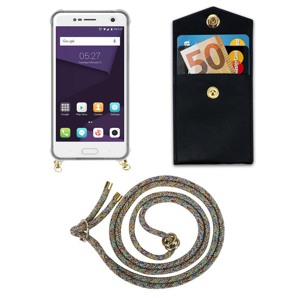 Ein weißes Smartphone mit klarer Hülle, schwarzem Kartenhalter mit Bargeld und buntem Lanyard.