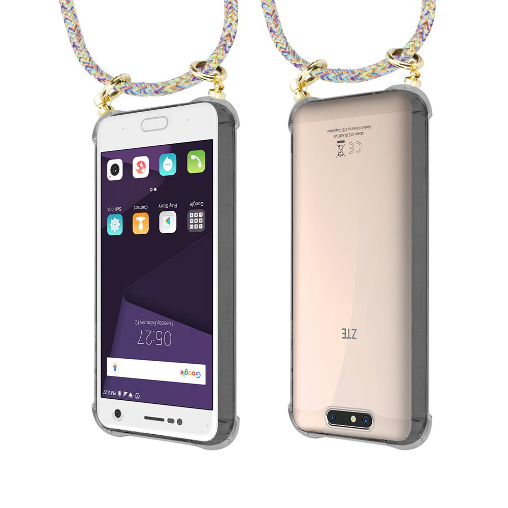 Zwei Ansichten eines ZTE Blade VIB Smartphones mit buntem Band.