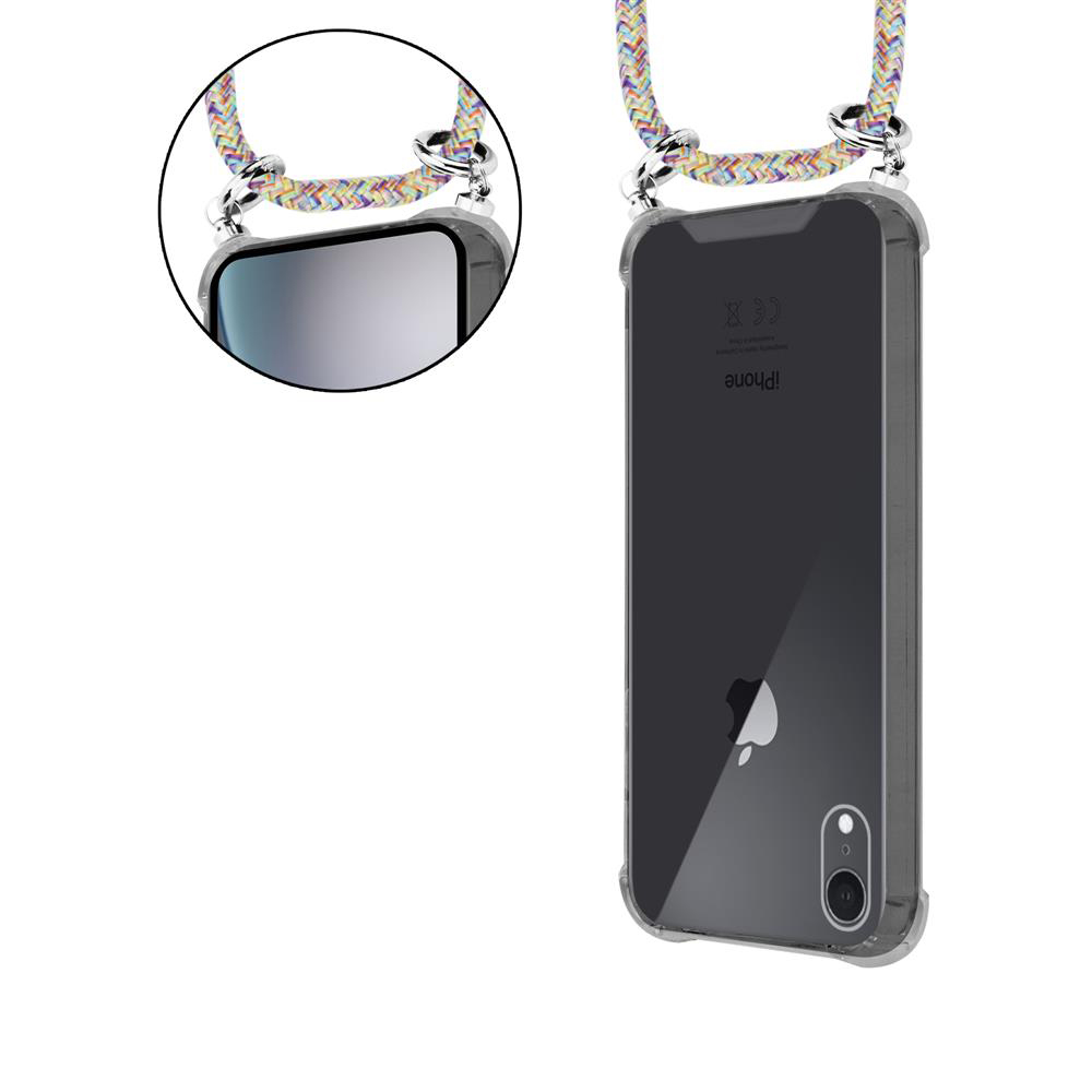 Transparente Hülle mit buntem Band für ein iPhone. Nahaufnahme des oberen Teils.
