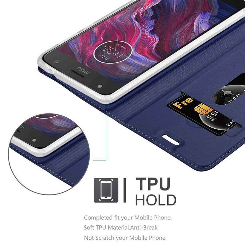 Una custodia blu per telefono con slot per schede mostra uno smartphone e una carta.