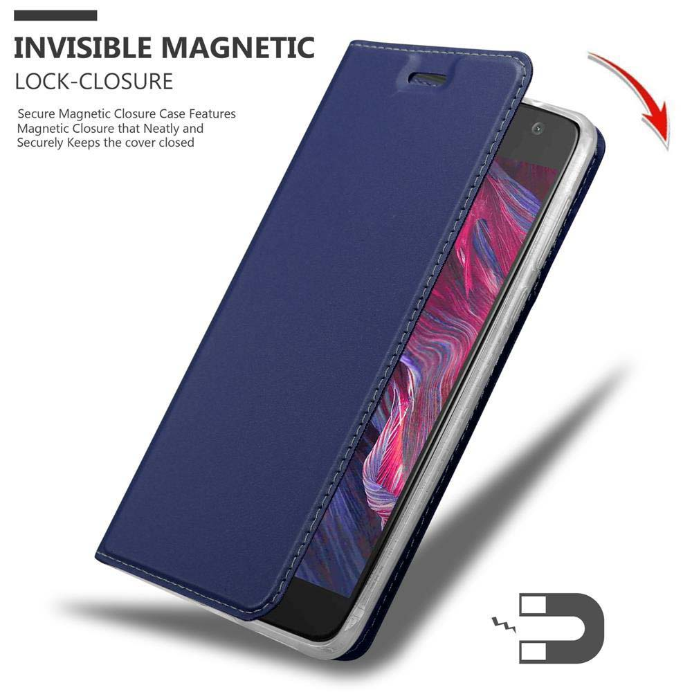 Custodia blu scuro per telefono con chiusura magnetica e display colorato.
