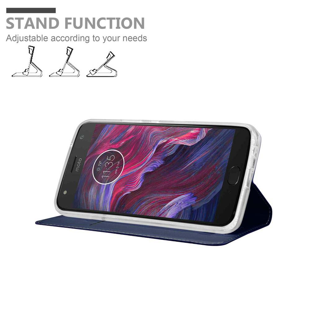 Telefono in custodia blu, mostra icone e testo funzione stand.