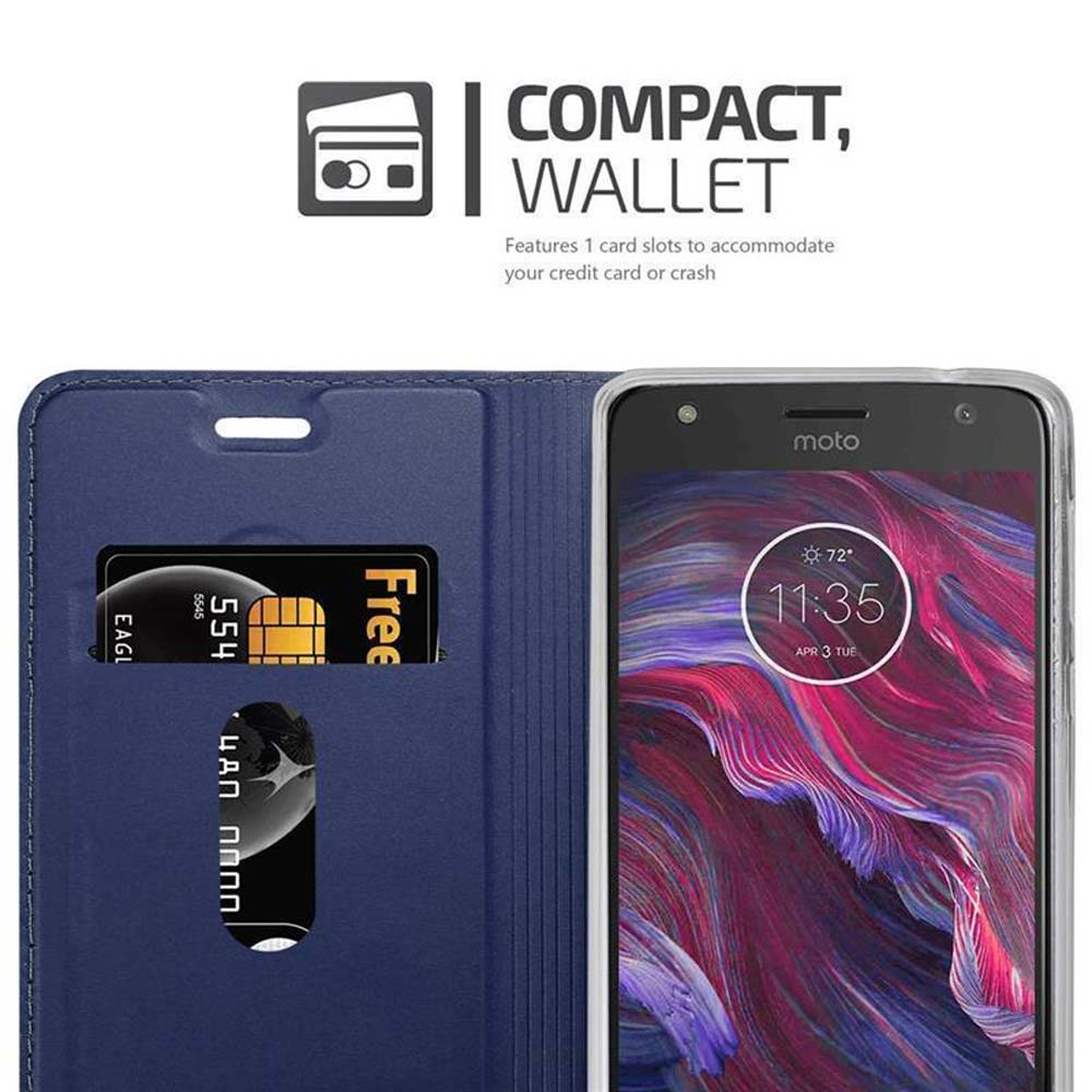 Custodia blu per telefono con slot per carte e un telefono che mostra l'ora.