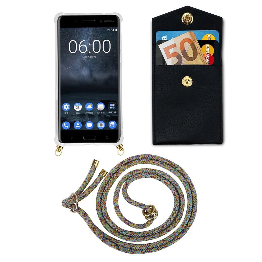 Nokia-Smartphone mit Kartenhalter und buntem Lanyard auf weißem Hintergrund.