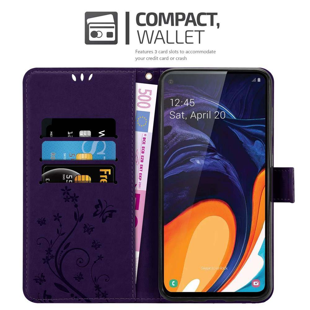 Custodia a portafoglio viola per telefono con slot per carte e valuta.