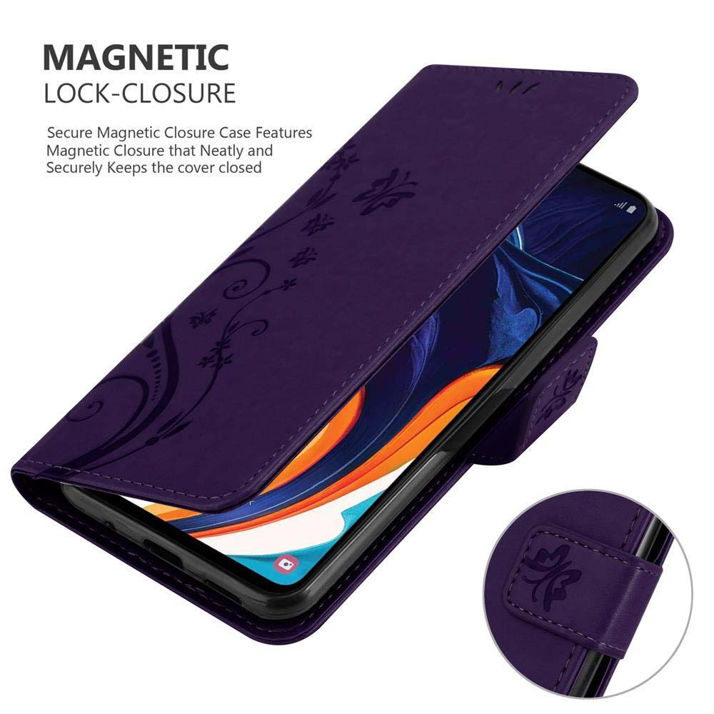 Custodia viola per telefono con chiusura magnetica e design floreale.