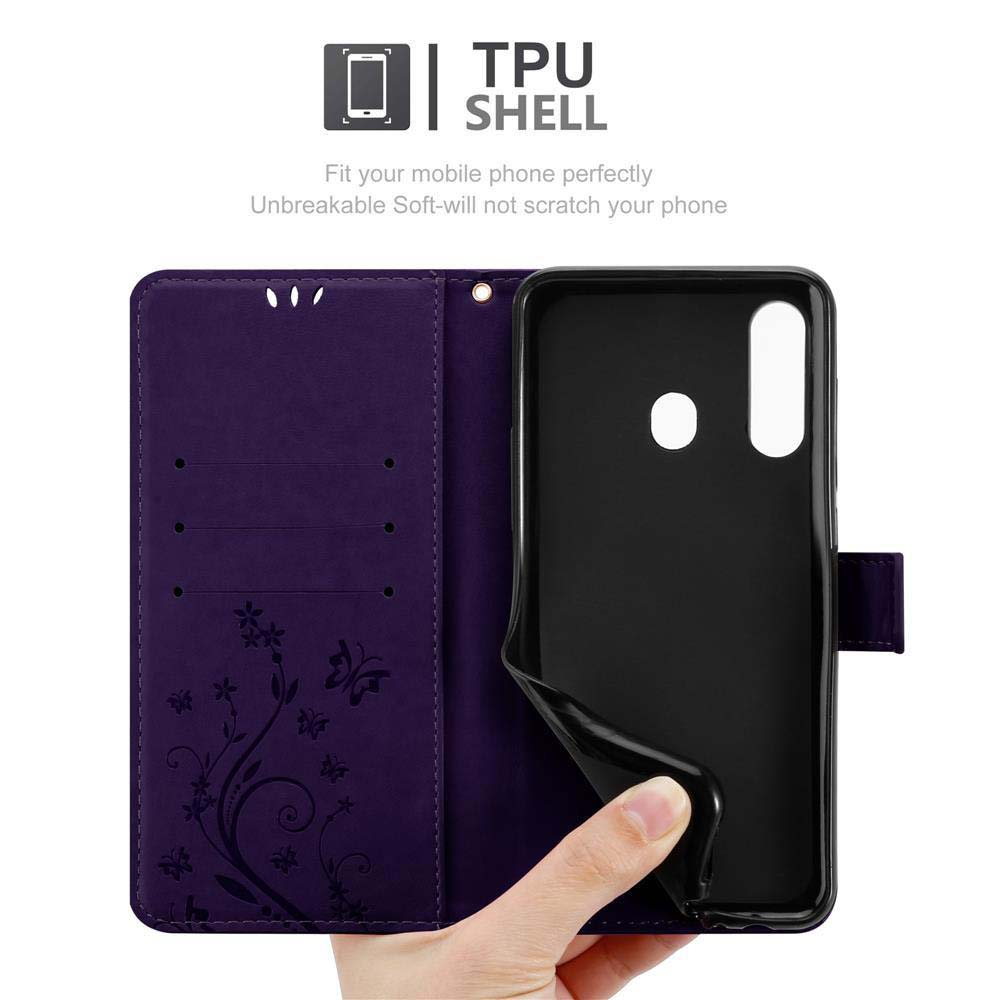 Viene mostrata una cover viola per telefono con motivo floreale.