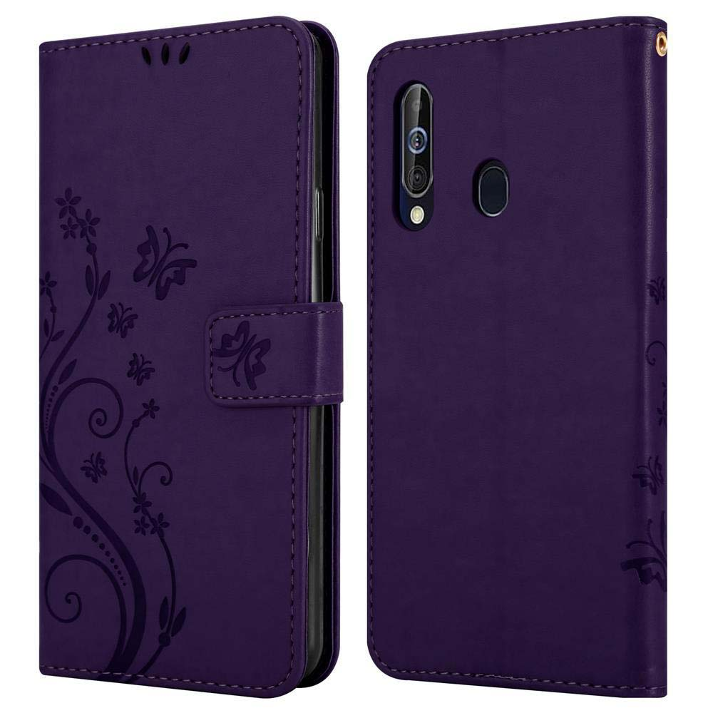 Custodia viola per telefono con design floreale e farfalle.
