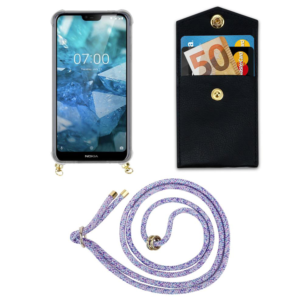 Ein Nokia-Smartphone mit Hülle, eine schwarze Tasche mit Geld und Karten und ein lila Band.