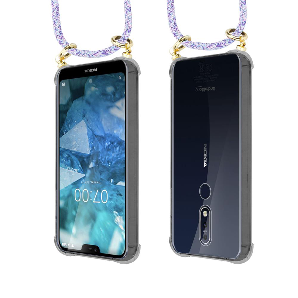 Ein Nokia Smartphone mit zwei Ansichten, vorn und hinten, mit Lanyard.