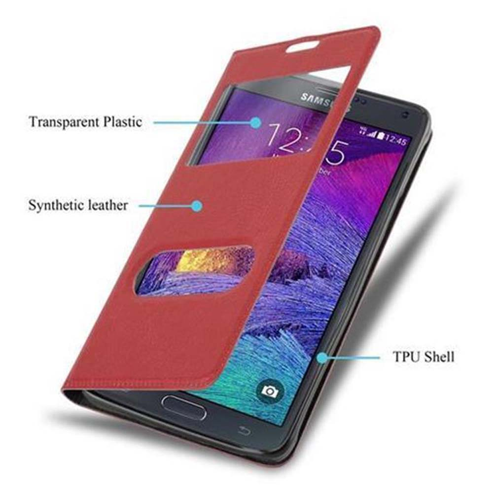Custodia rossa con finestra trasparente per smartphone che mostra le 12:45.
