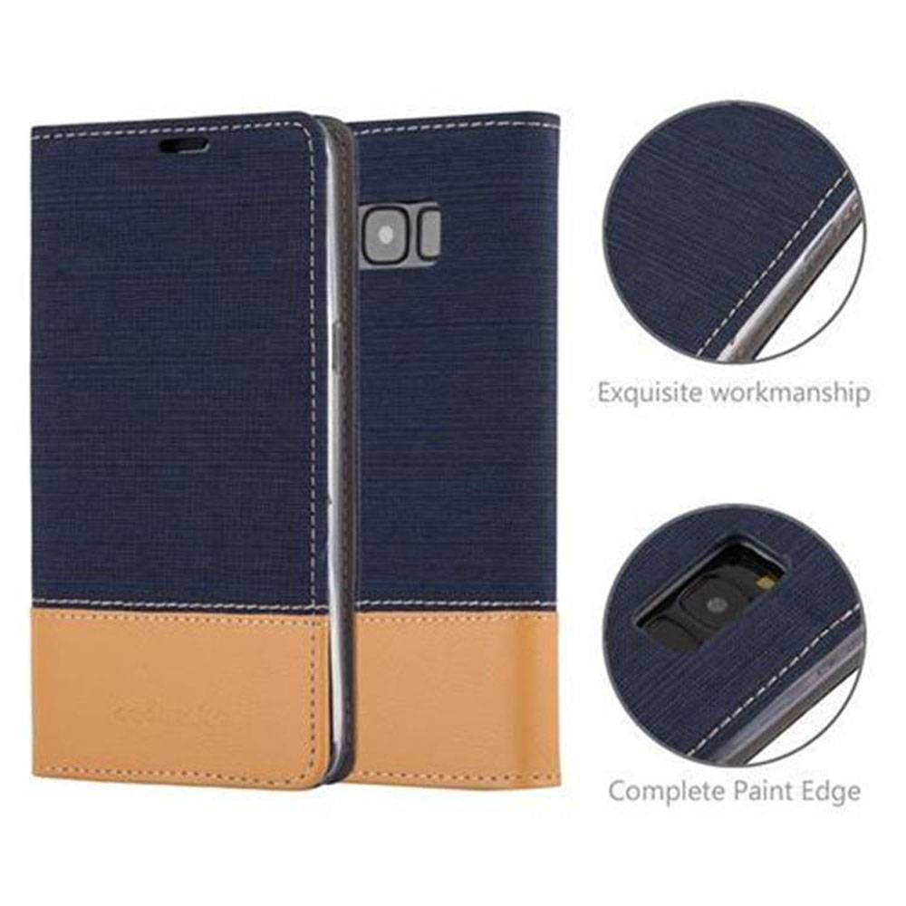 Custodia per telefono blu scuro con due scomparti e finiture in pelle.