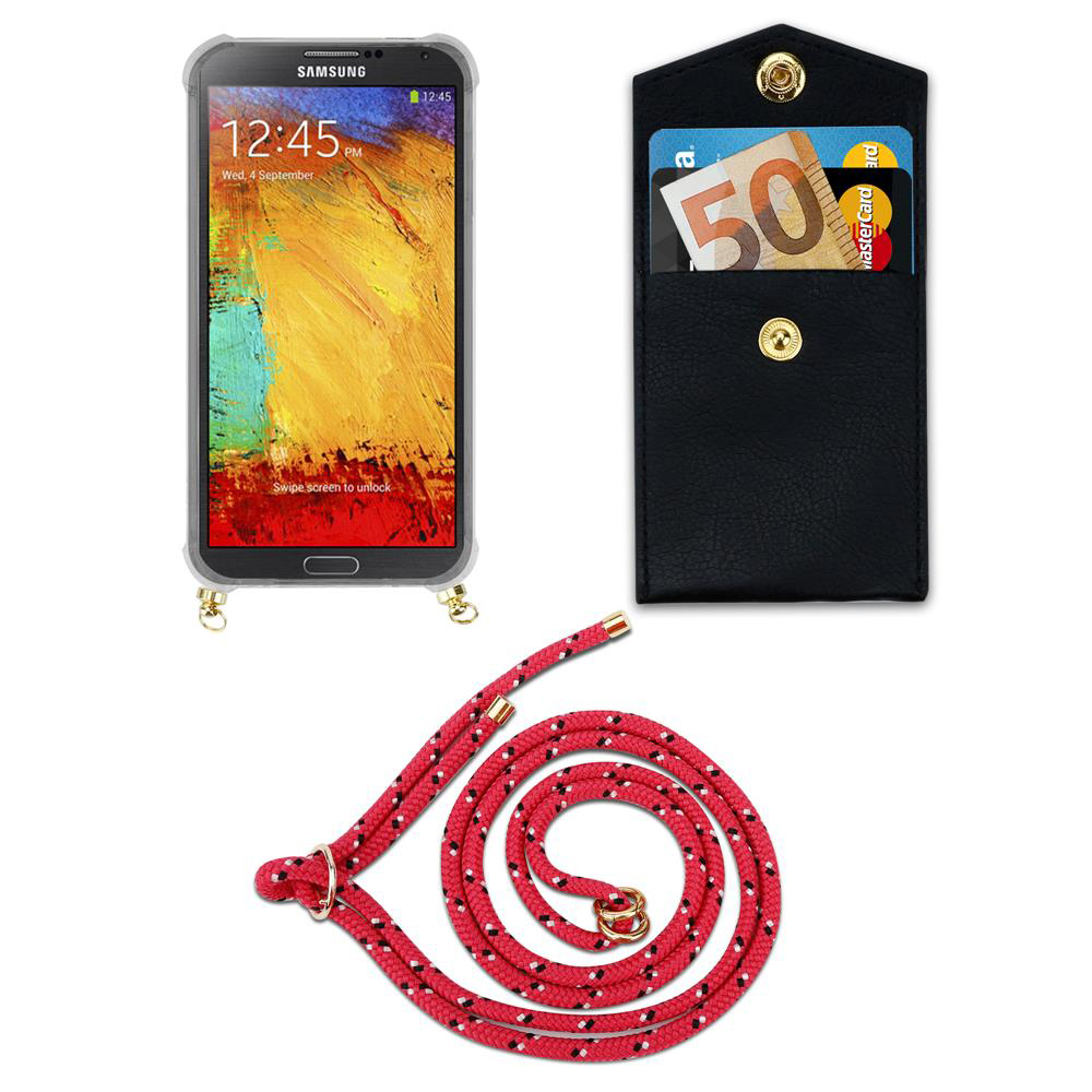 Smartphone Samsung in cover trasparente, portatessere nero con banconota da 50 euro e corda rossa.