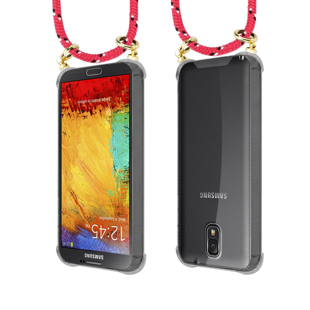 Uno smartphone Samsung con cinturino rosso, fronte e retro.