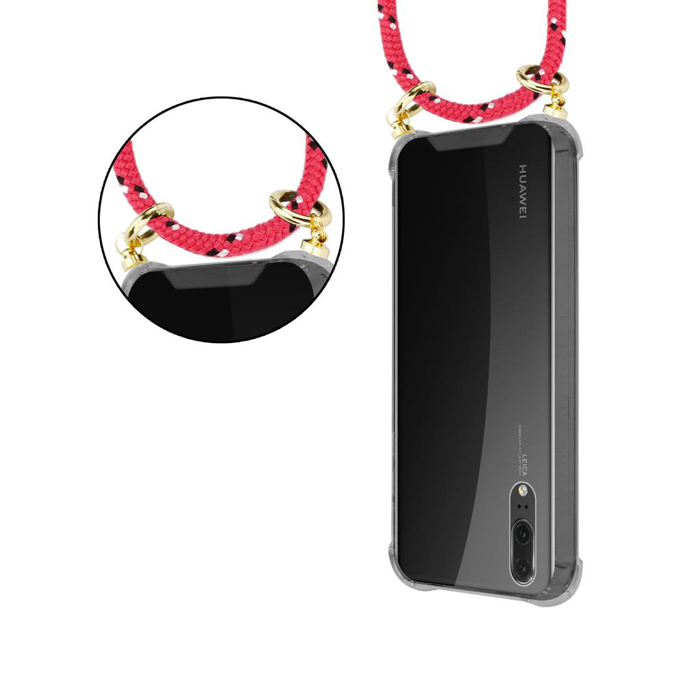 Una custodia trasparente per telefono con un cordino rosso e nero da portare al collo.